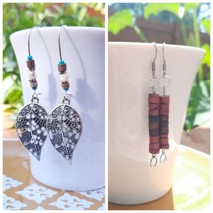 Leaf Bead Drop & Brown Dusty Rose Wood  Bead Earrings Bundle